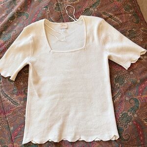 Ellie Cream Ribbed Square-Neck Short Sleeve Top